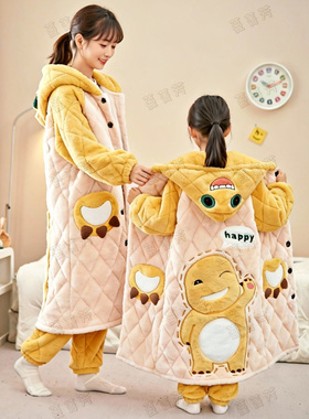 儿童睡衣母女奶龙睡袍冬季三层夹棉加绒加厚珊瑚绒女童亲子家居服