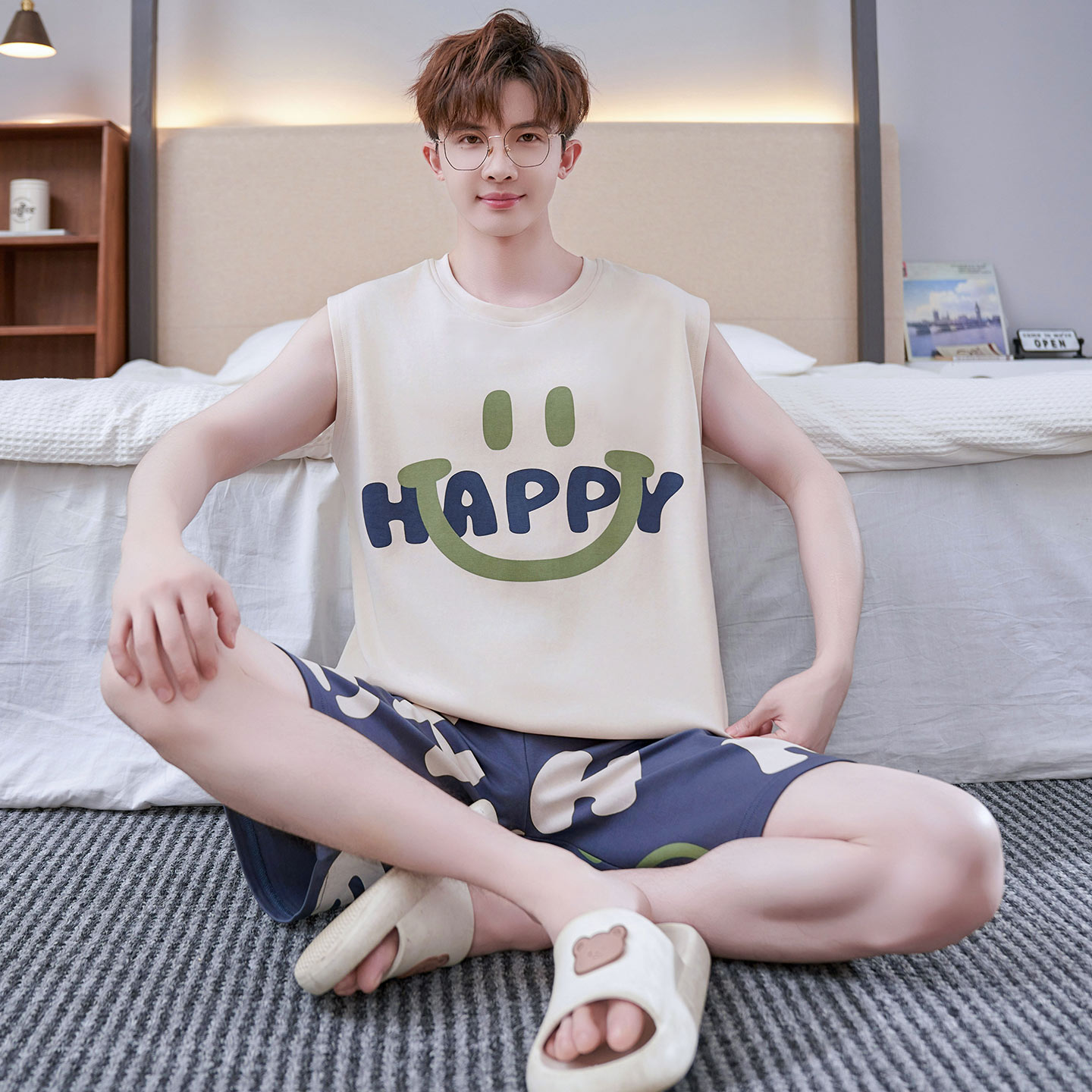 男款纯棉夏季笑脸背心大码家居服