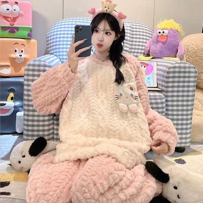 女款冬季款珊瑚绒加厚家居服套装