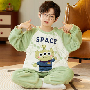 男童卡通三眼仔法兰绒睡衣秋冬季中大童男孩保暖珊瑚绒家居服套装