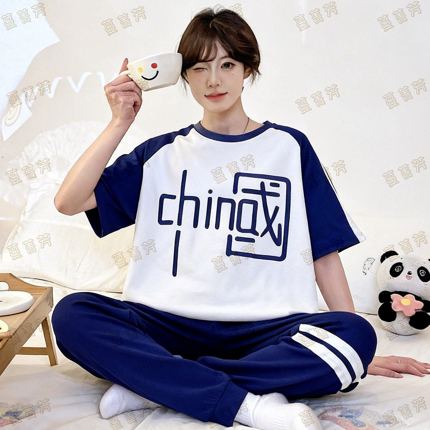 纯棉短袖长裤女款夏季中国家居服