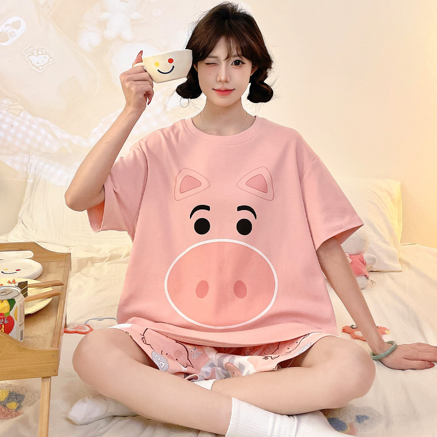 夏季纯棉女款短袖卡通大码家居服