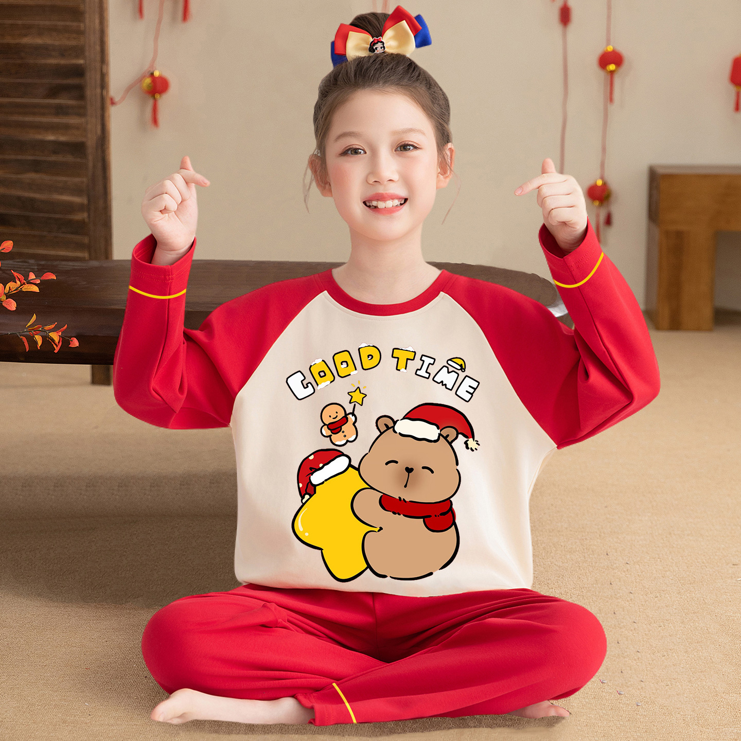 女童圣诞睡衣红色秋冬纯棉套装