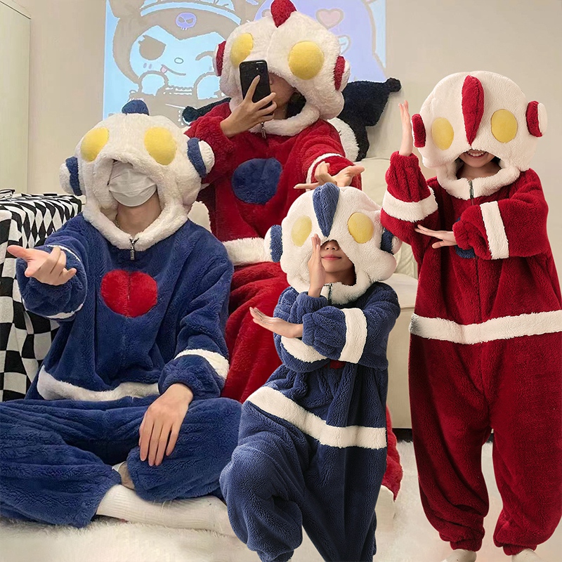 搞怪奥特曼连体睡衣秋冬季亲子装一家三四口珊瑚绒加厚儿童家居服
