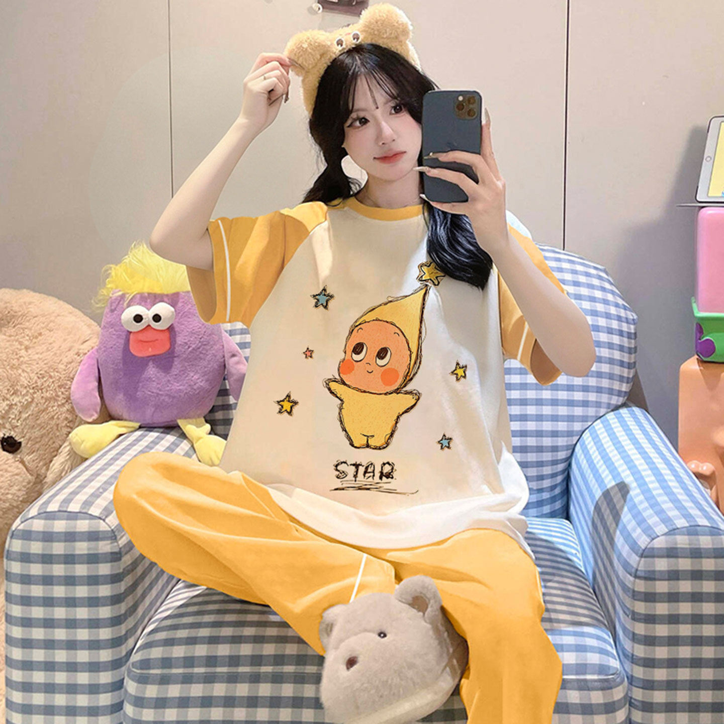 纯棉短袖女款夏季星星人学生睡衣