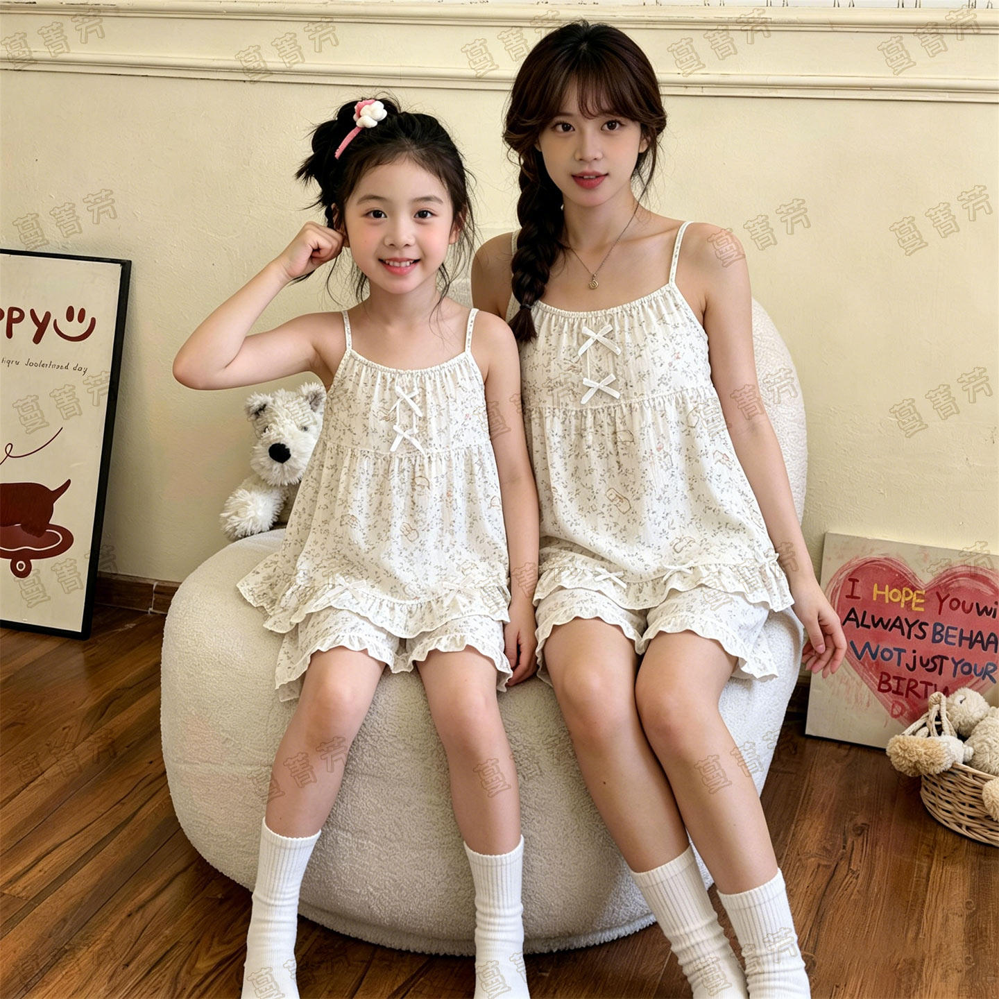 夏季薄款纯棉卡通吊带母女家居服