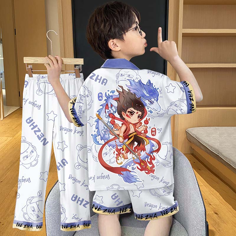 儿童睡衣男童薄款夏季冰丝小男孩大童真丝三件套哪吒2025新款夏天