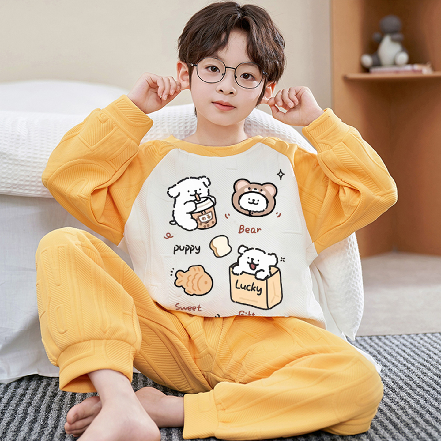 男童秋冬季夹层棉长袖大童家居服