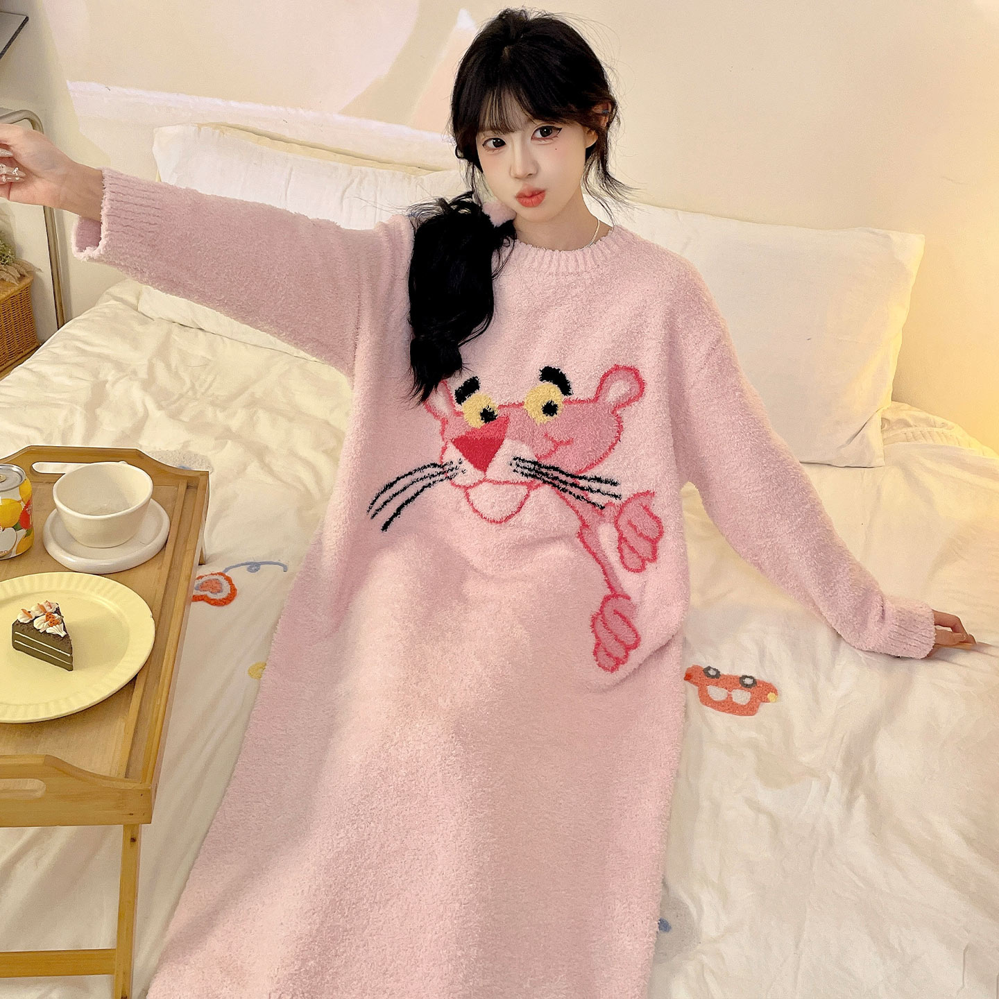粉红豹半边绒睡衣保暖秋冬睡裙女