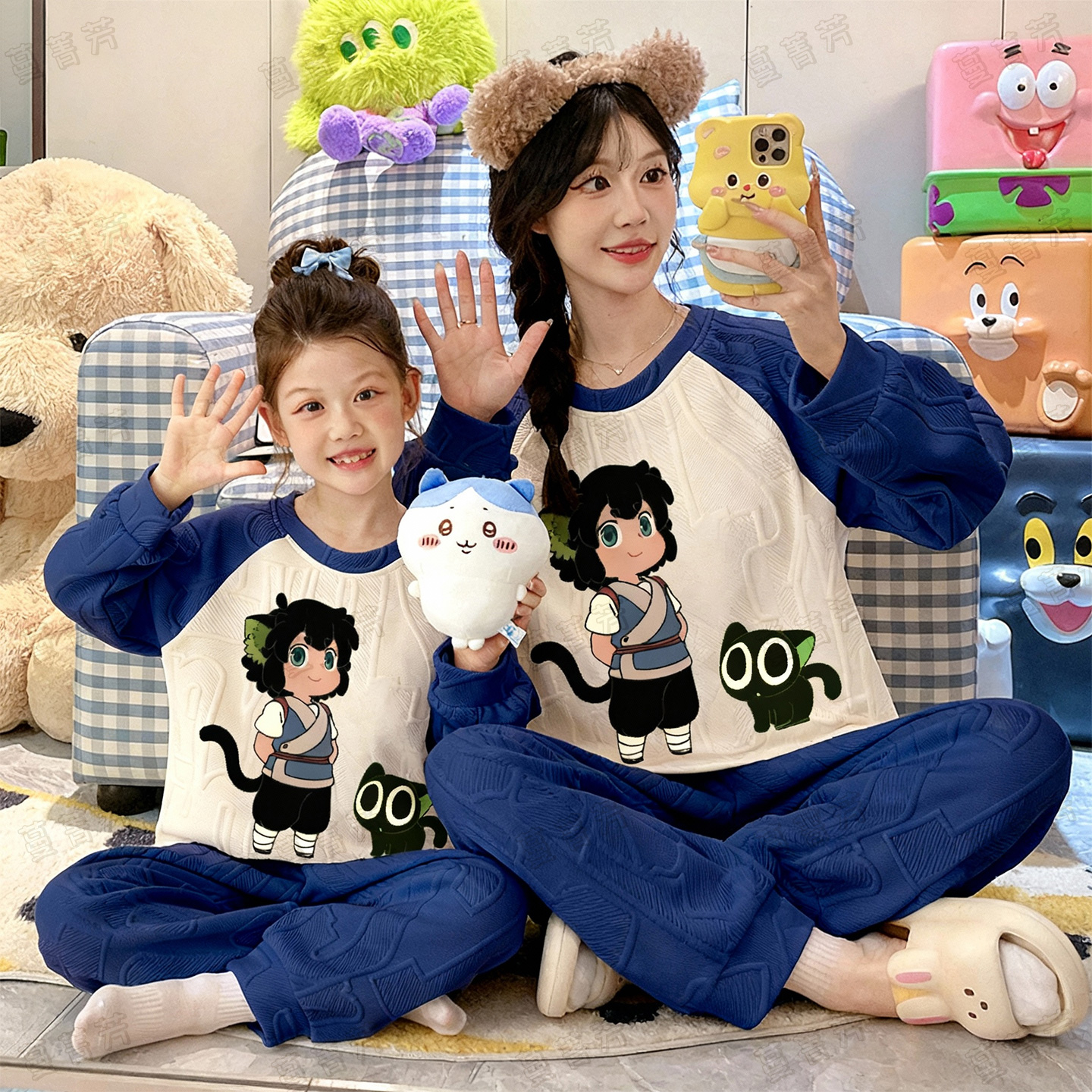 母女空气棉加厚冬装罗小黑家居服