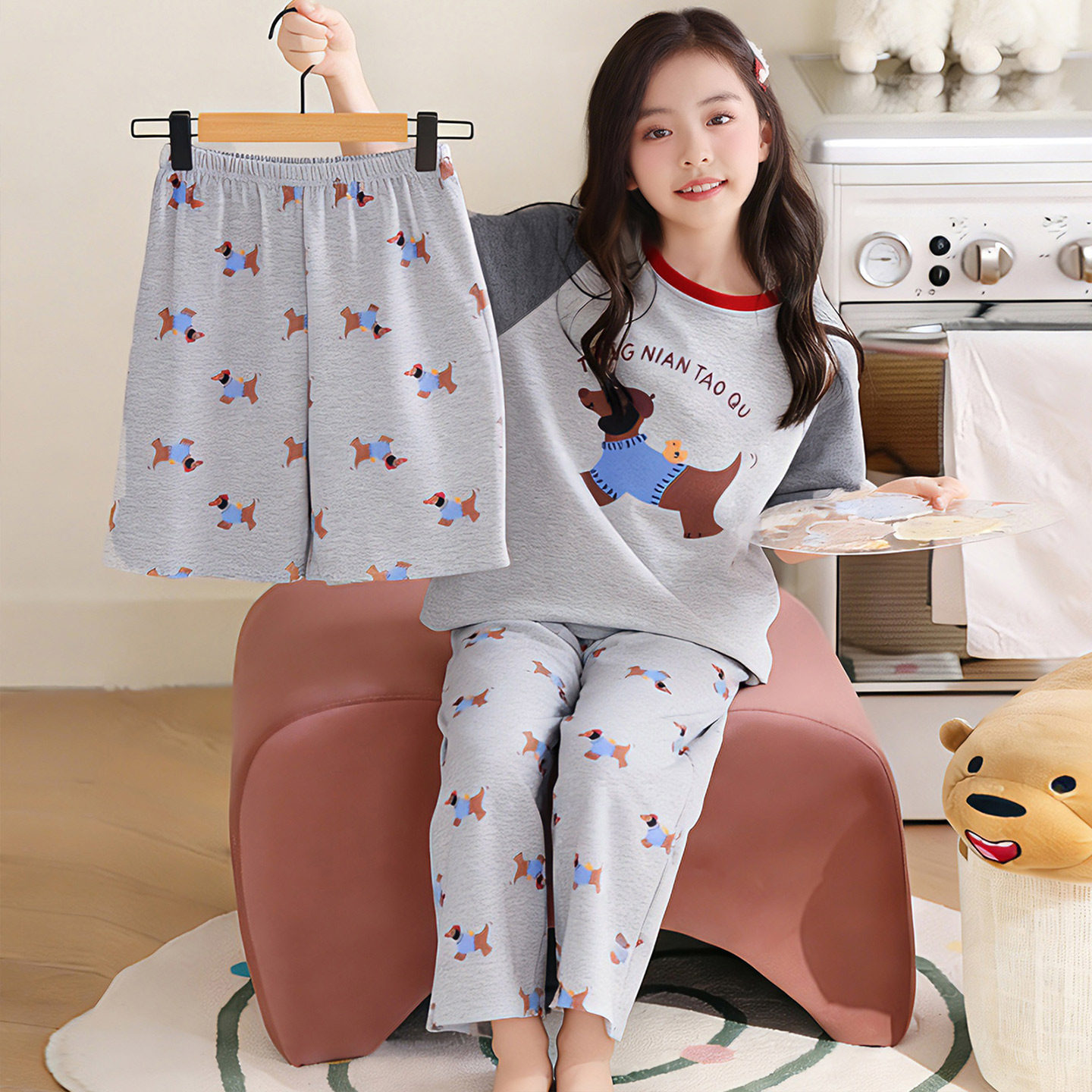 可爱腊肠狗女童睡衣春夏季纯棉短袖儿童宝宝家居服中大童三件套装