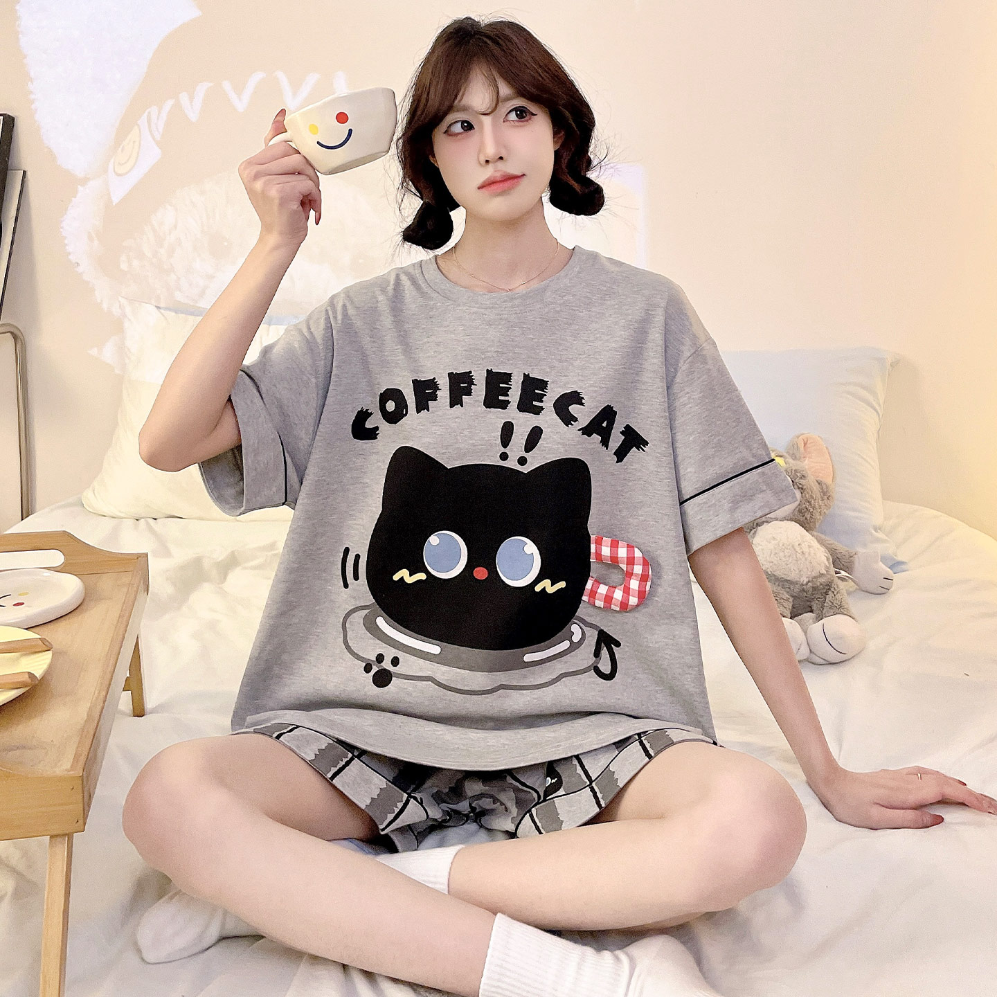 女款夏季小黑猫纯棉短袖大码睡衣