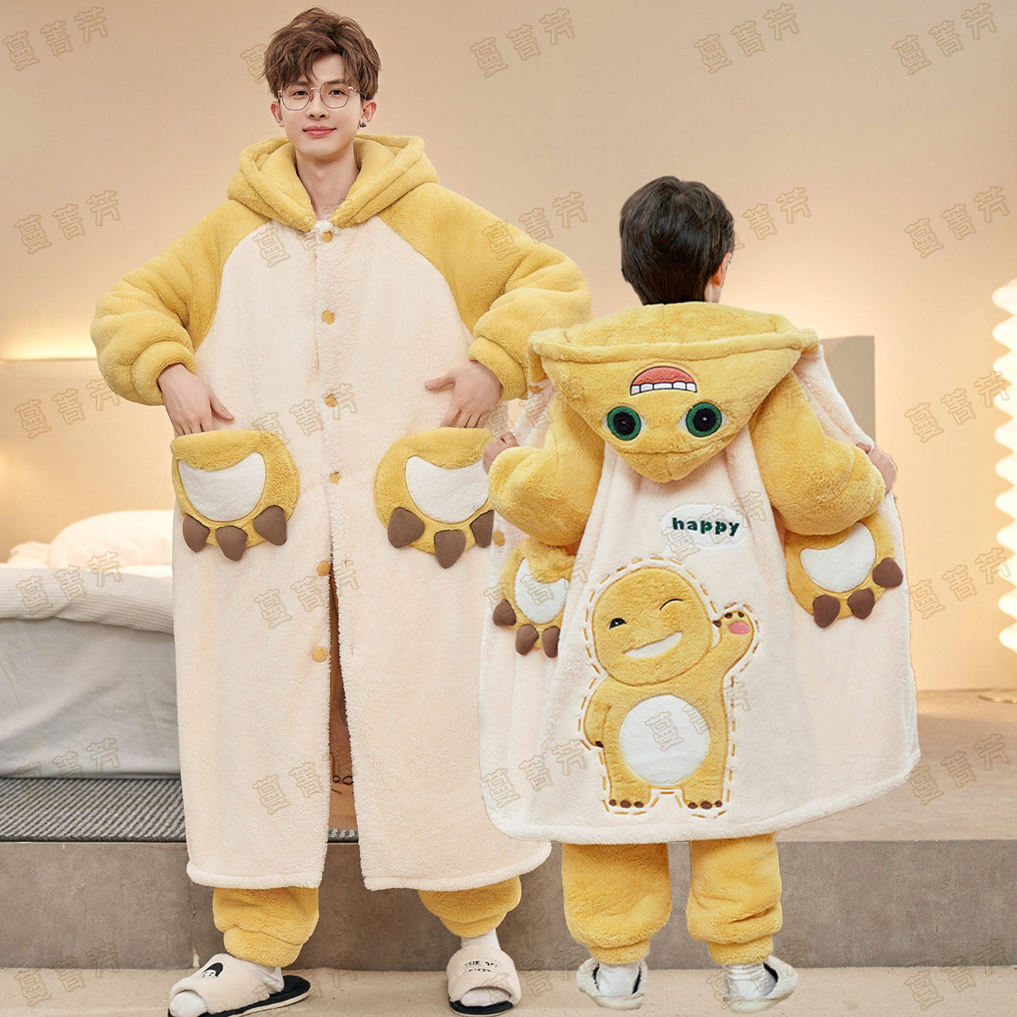 冬季珊瑚绒大码父子奶龙长款睡袍