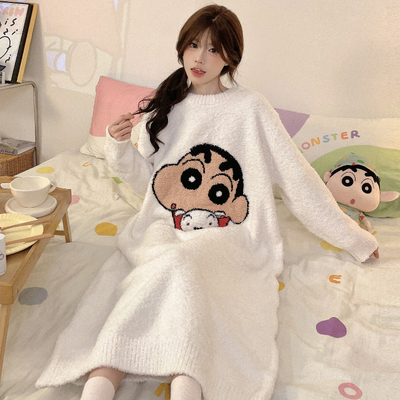 睡裙少女冬季半边绒女童蜡笔小新