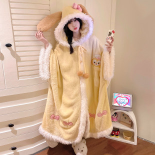 可琦安法兰绒睡袍女大童冬季 珊瑚绒可爱连帽少女斗篷睡衣 加厚长款