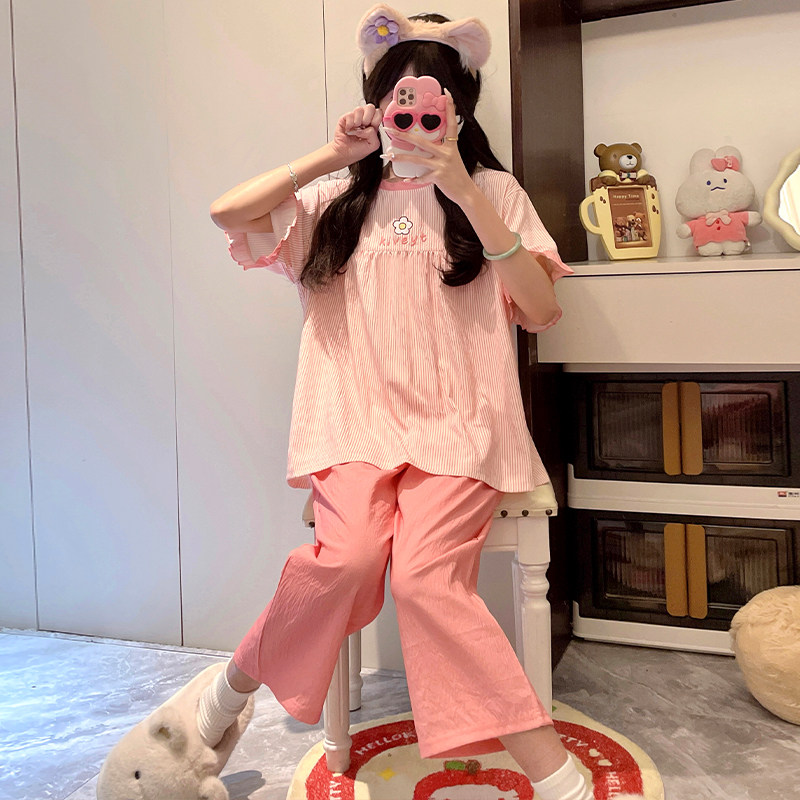 睡衣女大童夏季蚕丝棉短袖七分裤