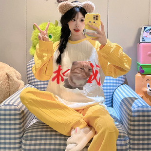 睡衣女款初中生秋冬季长袖加厚空气棉夹层搞笑抽象猫中大童家居服