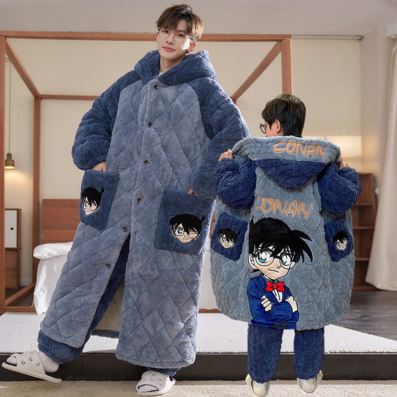 亲子睡衣男冬季三层夹棉加厚加绒保暖套装男孩父子汤姆猫连帽睡袍