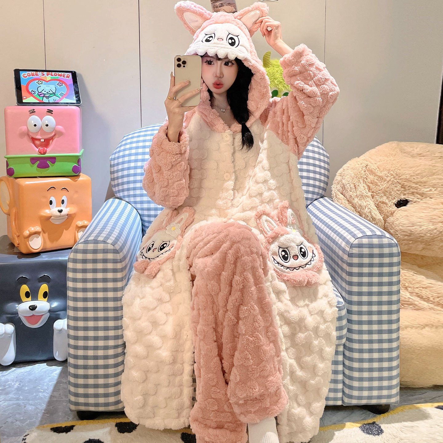 女冬季珊瑚绒加厚拉布布睡袍套装