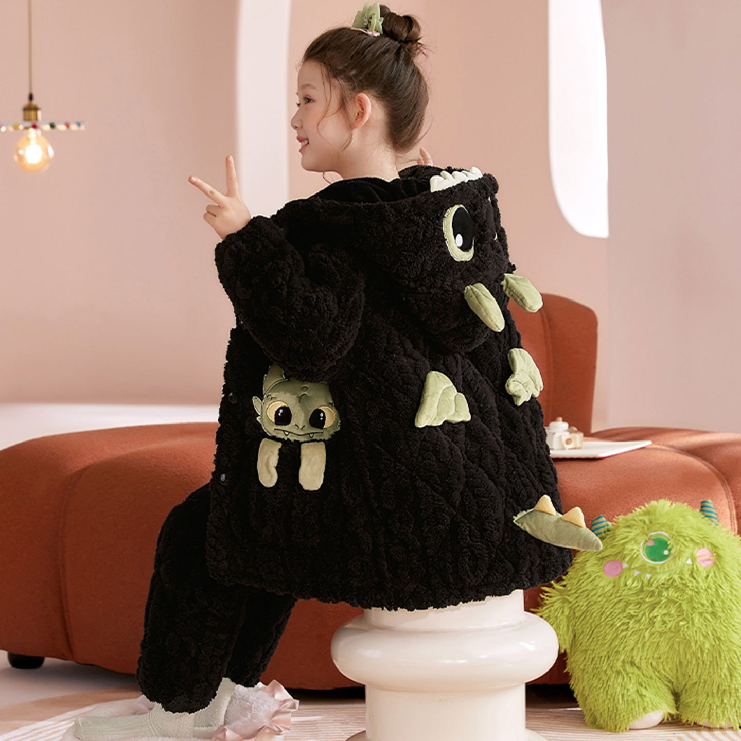 女童冬无牙仔三层夹棉家居服套装