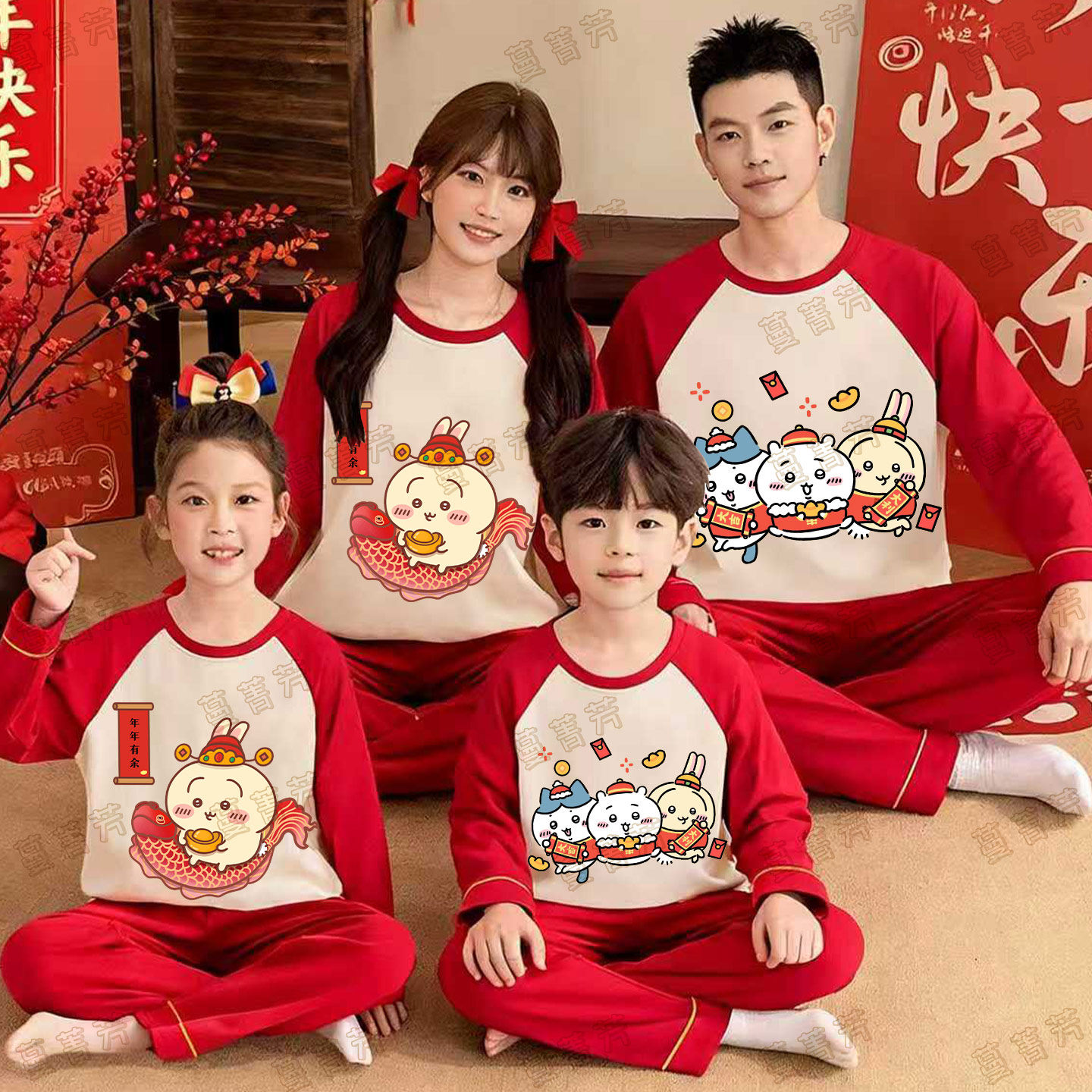 亲子睡衣一家三四口装母女纯棉长袖红色吉伊小八春秋季新年家居服,童装/婴儿装/亲子装,亲子装/亲子时装,淘宝优惠券,粉丝福利购,淘宝优惠卷