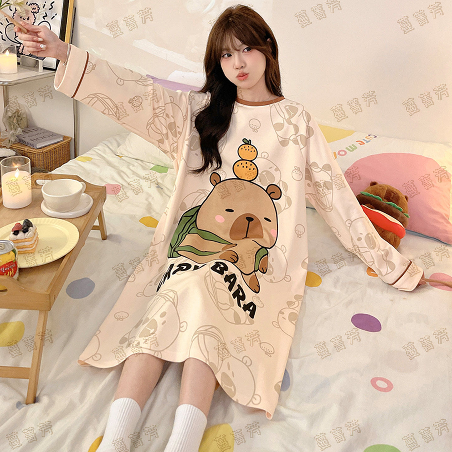 纯棉睡裙女款春秋季长袖圆领睡衣可爱卡皮巴拉少女生家居服可外穿