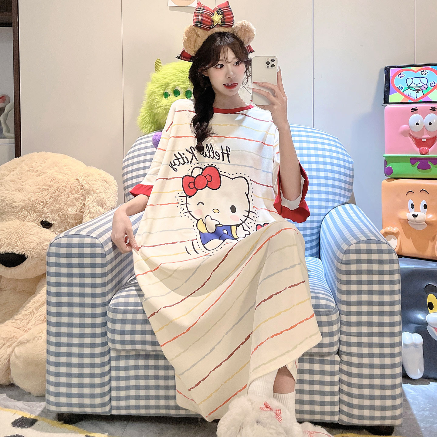 女款夏季纯棉短袖卡通中长款睡裙