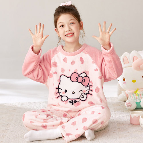 女童法兰绒冬大童KT猫保暖家居服