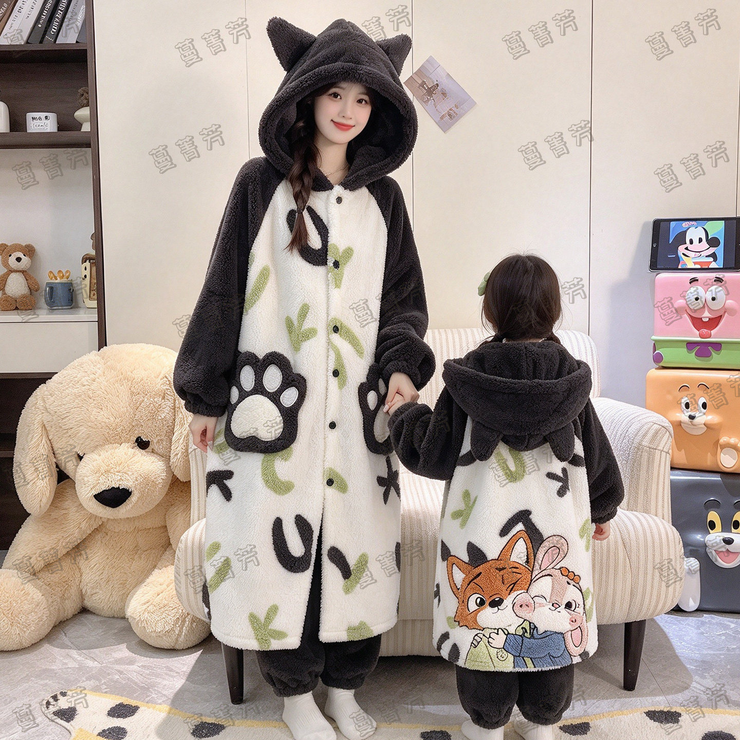 亲子睡衣2026新款冬季珊瑚绒加厚母女睡袍卡通儿童女童家居服套装