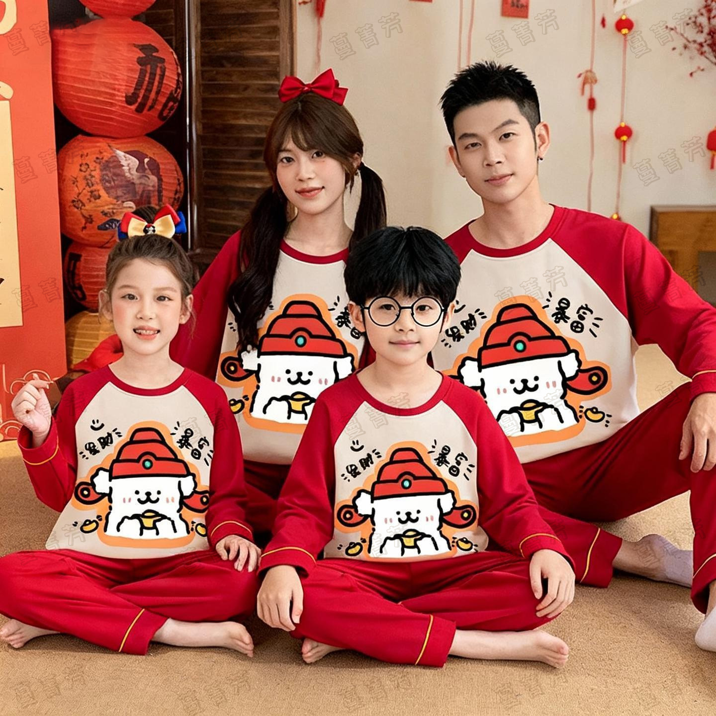 春秋纯棉长袖线条小狗亲子家居服