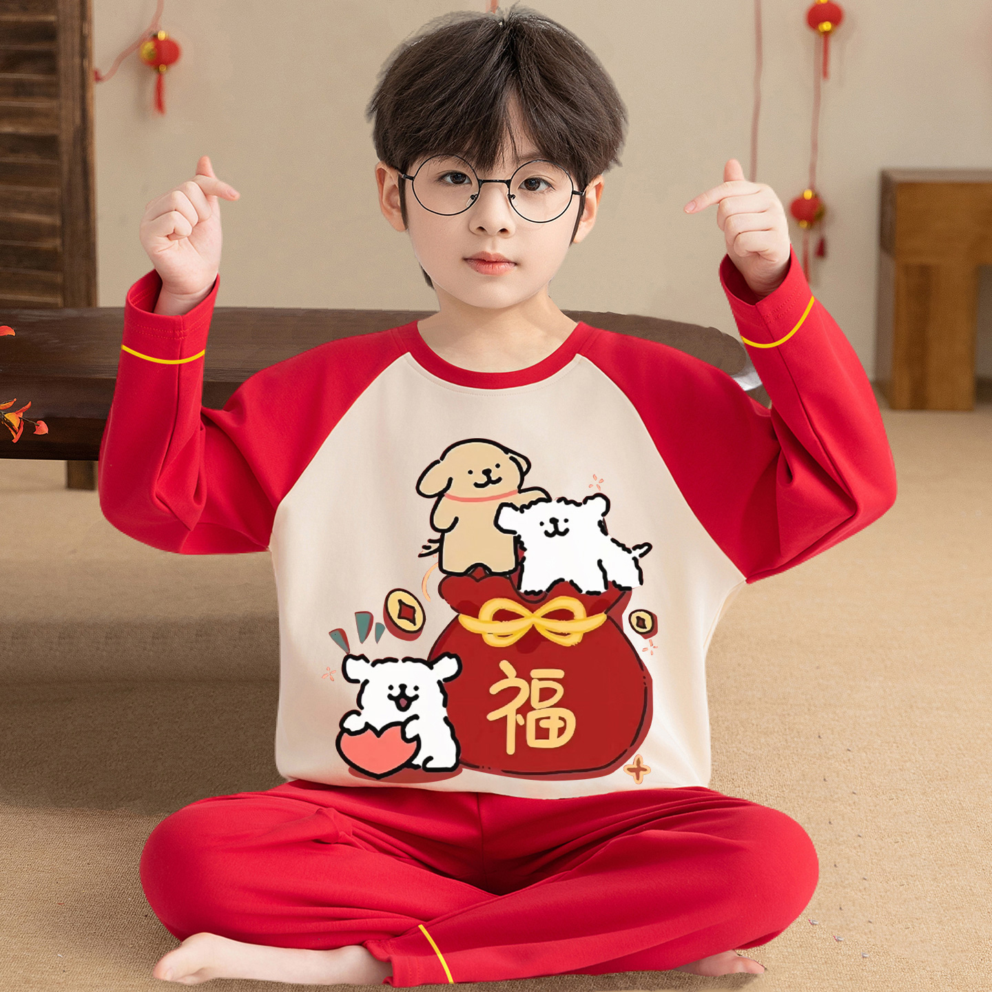 线条小狗红色睡衣本命年纯棉套装