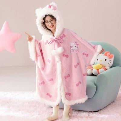 冬季女童KT猫睡袍珊瑚绒斗篷睡衣