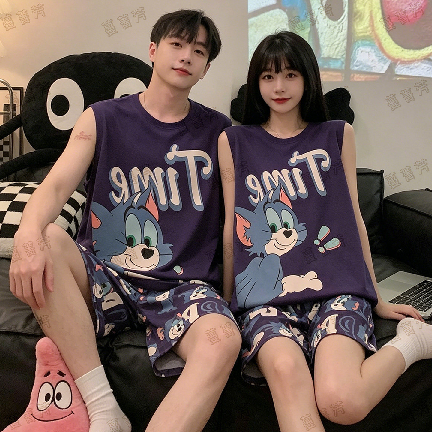 情侣夏季纯棉卡通背心大码家居服