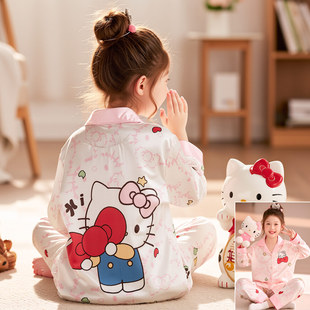 女童春秋季睡衣冰丝长袖薄款凯蒂猫女孩大童初中生丝绸家居服套装