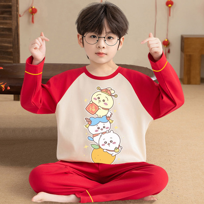 男童睡衣春秋纯棉红色本命年衣服