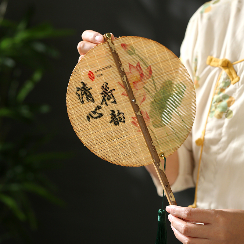 竹丝圆形腰扇可折叠收卷团扇竹扇