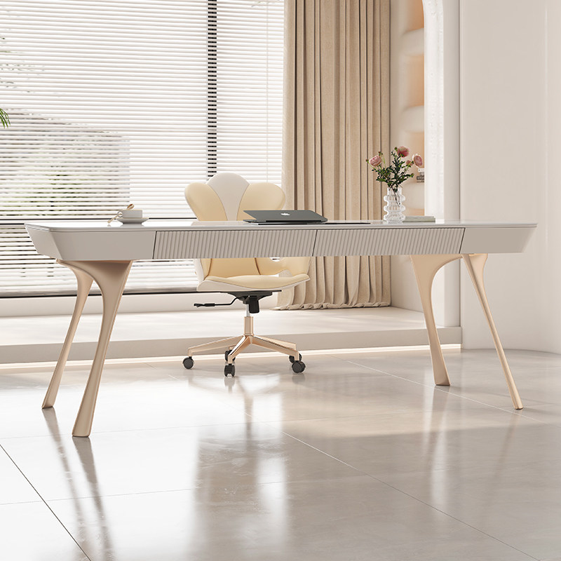 轻奢岩板奶油风书桌现代简约书房家用小户型办公电脑桌法式工作台