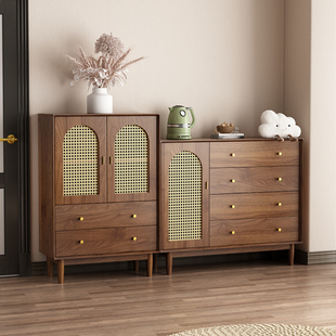 速发实木复古藤厅斗柜客编立柜新物式 卧室胡桃色收纳储中柜床尾抽