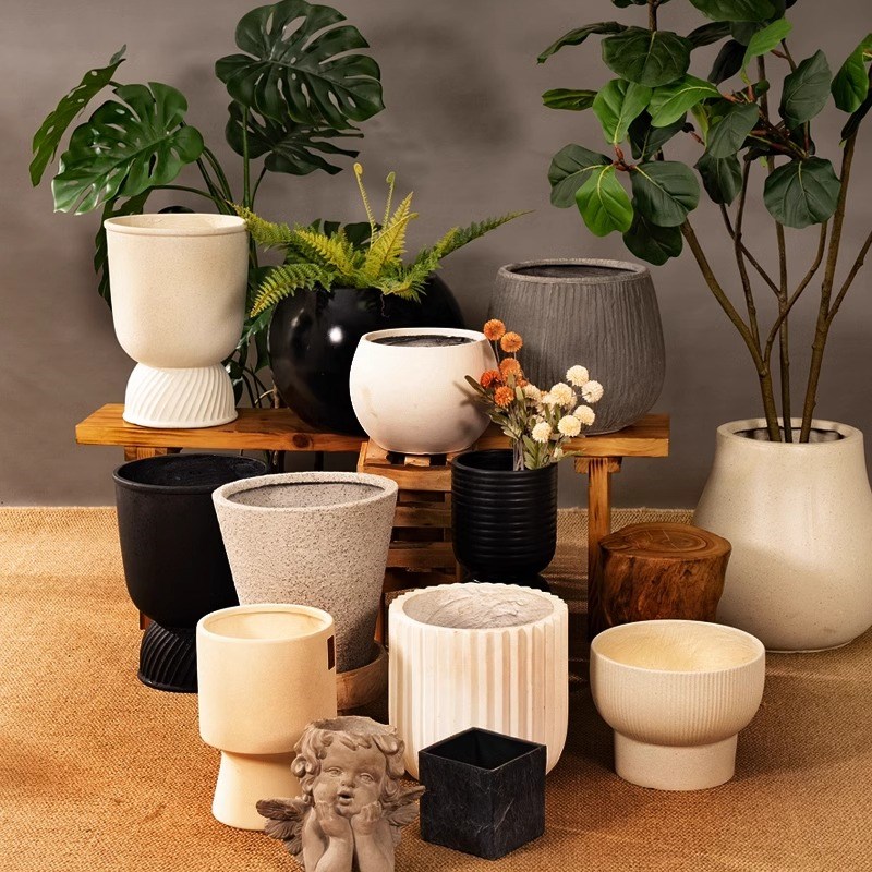 速发轻奢创意水泥大瓷花盆陶口室圆形高脚条纹大号径内盆栽盆