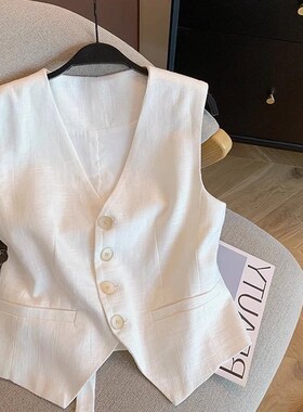 速发C订2,0级感白色亚麻无袖V领马甲夏单高25收腰气质外穿