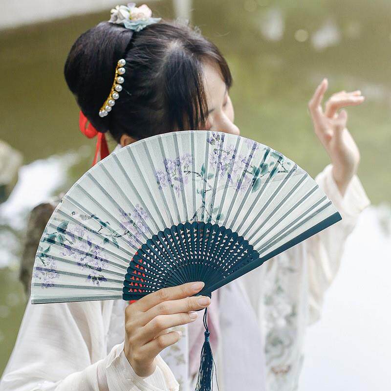 速发网红复古风扇子双面男中国风汉服配饰布摺扇舞蹈流苏摺叠扇夏