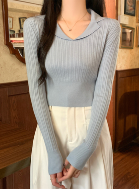 速发蓝色领针底打织衫早硫酸铜穿搭拉搭美内蓝长袖上衣