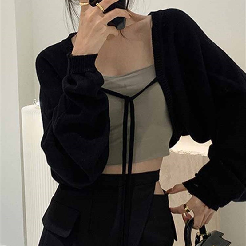 速发黑色针织开坎外套薄款外搭披衫长袖罩肩短款小衫肩防晒上衣