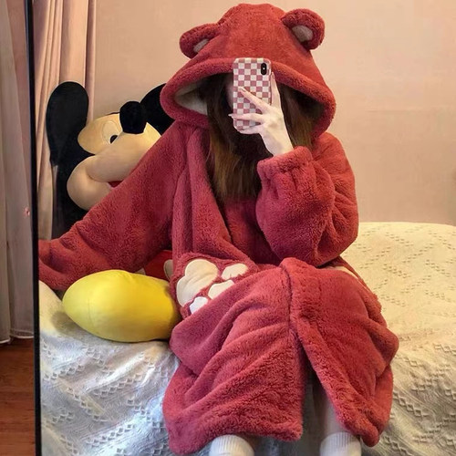 可爱草莓熊睡衣秋冬长款珊瑚绒睡袍2024新品加绒加厚家居服可外穿