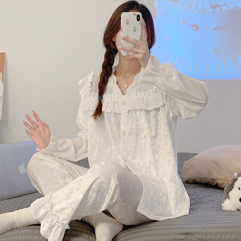 公主风睡衣女长袖2024年秋季冬季新款金丝绒加厚法兰绒套装家居服