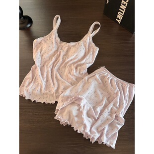 居家服套装 法式 舒适背心短裤 新款 甜美小碎花带胸垫吊带睡衣女夏季