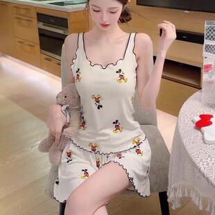 2026睡衣女单夏冰丝螺纹卡通米奇印花宽松吊带短裤 加胸垫家居服