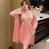 性感蕾丝v领带胸垫吊带睡裙袍两件套 套装 秋冬季 金丝绒睡衣女长袖