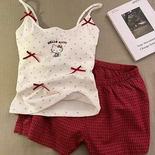 夏季 波點(diǎn)HelloKitty印花純欲風(fēng)帶胸墊吊帶睡衣女家居服套裝 新款