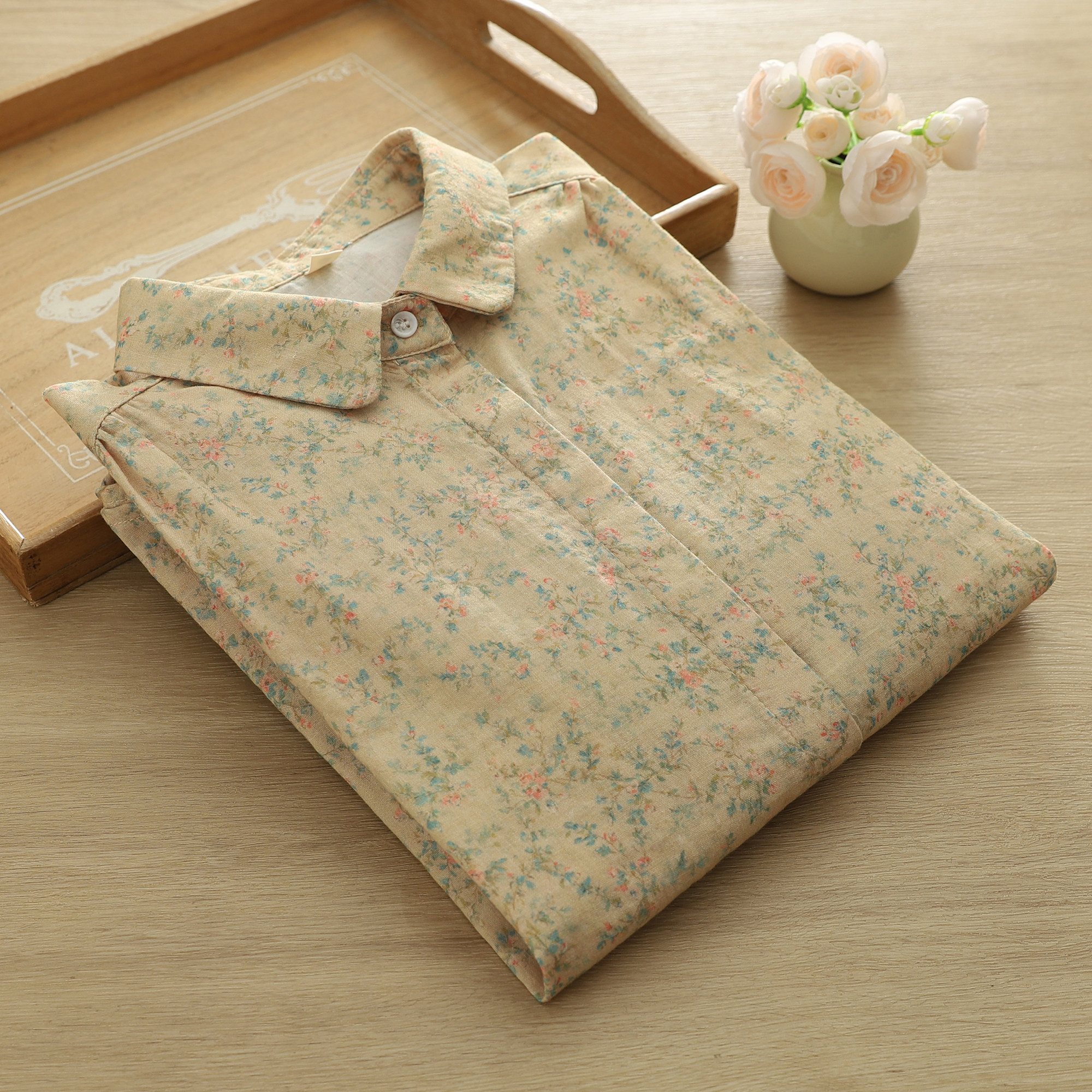 2026春季印碎花双层棉纱衬衫女宽松百搭复古文艺纯棉柔软长袖衬衣,女装/女士精品,衬衫,淘宝优惠券,粉丝福利购,淘宝优惠卷